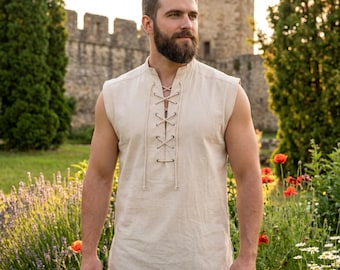 Medieval Lace-Up Vest Men, Renaissance Sleeveless Tunic Cotton, Viking Pirate LARP Costume