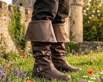 Medieval Pirate Boots Women, Renaissance Fold-Over Cuff Knee Boot, Viking LARP SCA Costume