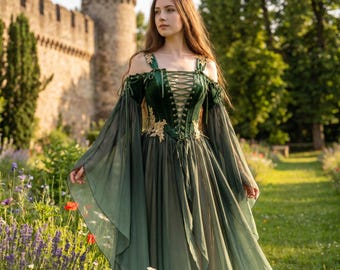 Medieval Elven Dress Women, Renaissance Corset Chiffon Gown, Green Elf LARP Fairy Costume