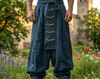 Viking Linen Harem Pants Men, Medieval Wide Leg Trousers, SCA Renaissance Warrior Costume