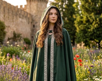 Medieval Hooded Cloak Women, Renaissance Cape Gold Trim, LARP SCA Witch Costume, Full Length