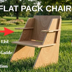 Puede incluir: Una silla de madera clara tipo kit con reposabrazos y respaldo. La imagen incluye el texto: FLAT PACK CHAIR, Diy, Includes Cut List, Step by Step Guide, Easy installation, dxf y .PDF. La silla está colocada sobre un césped verde.