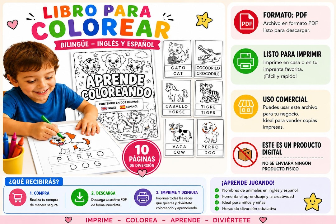 Libro Para Colorear Animales Bilingüe / Español e Inglés / PDF ...
