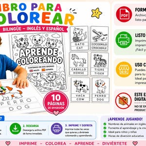 May include: A bilingual coloring book in English and Spanish, featuring the title "APRENDE COLOREANDO". The image shows a child coloring a dog illustration. Includes animal names, PDF format, and instructions for printing.