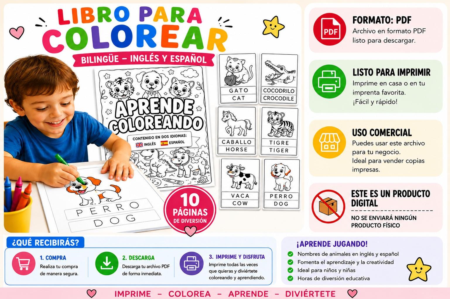 Libro Para Colorear Animales Bilingüe / Español e Inglés / PDF ...