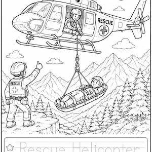 May include: A black and white coloring page featuring a rescue helicopter with a pilot and a person in a stretcher being hoisted. A rescue worker stands on a cliff edge. The text Rescue Helicopter and Helicóptero de Rescate is at the bottom.