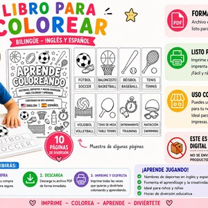 May include: A bilingual coloring book in English and Spanish, featuring sports like soccer, basketball, and baseball. The cover displays the title "Libro Para Colorear" and "Aprende Coloreando". Includes 10 pages of fun and educational activities for children.