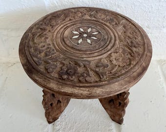 VINTAGE | Hand-Carved Plant Stand | Carved Wooden Stool | Vintage Decor