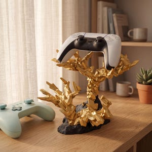 May include: A white and black video game controller rests on a gold-colored, crystalline-shaped stand with a black base. A light green video game controller is positioned to the left of the stand on a wooden surface, while a white controller is mounted.