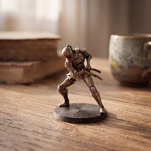 Może przedstawiać: Brązowa miniaturowa figurka wojownika w zbroi płytowej, stojąca w pozycji bojowej na okrągłej, teksturowanej podstawie. Postać ma na głowie hełm z małym zielonym pióropuszem i trzyma oburącz miecz, z wyraźnie zaznaczonymi metalicznymi detalami.