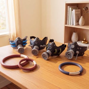 May include: Four dark-colored face masks with central circular filters and side accents in blue, grey, green, and silver, accompanied by three circular rings in maroon and blue with cream-colored segments, arranged on a wooden surface.