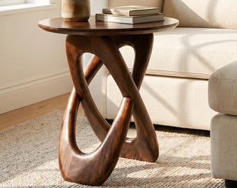 Handmade Mango Wood  Round Side Table with Sculptural Twisted Base Small Bedside Accent