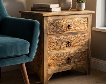 Handmade Mango Wood Nightstand with 3 Drawers Rustic Farmhouse Side Table Bedside Table Boho
