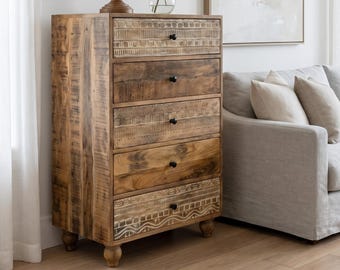 Handgefertigter Massiver Mango Holz 5 Schubladen Schrank Rustikale Bauernhaus Aufbewahrungskiste Boho Schlafzimmer Möbel