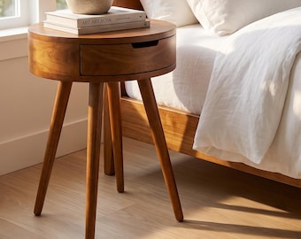 Nightstands Round Nightstand Bedside Table Handmade Midcentury Side Table Mango Wood with Drawer