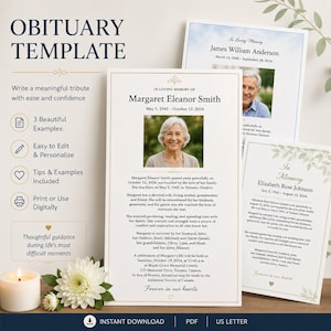 May include: An obituary template with a cream-colored background. The template includes text, a photo, and floral accents. The text reads "Obituary Template" and "In Loving Memory of Margaret Eleanor Smith, May 5, 1945 - October 12, 2024."
