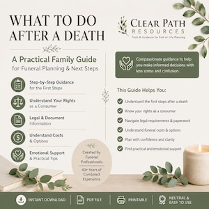 Puede incluir: Guía familiar práctica para la planificación funeraria y los próximos pasos. Incluye orientación paso a paso, información sobre los derechos del consumidor, documentos legales, costos y apoyo emocional. Creado por profesionales funerarios.