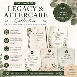 Pode incluir: A coleção completa Legacy & Aftercare inclui cinco recursos essenciais: My Wishes & Important Information Planner, What To Do After A Death Guide, Funeral Aftercare Checklist, Obituary Template & Writing Guide e Eulogy Template & Writing Guide. Estes documentos apresentam detalhes botânicos em verde.