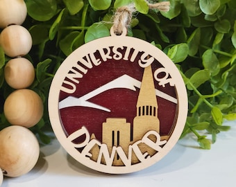 3D University of Denver Ornament • Hand-Painted Laser Cut Birch Wood