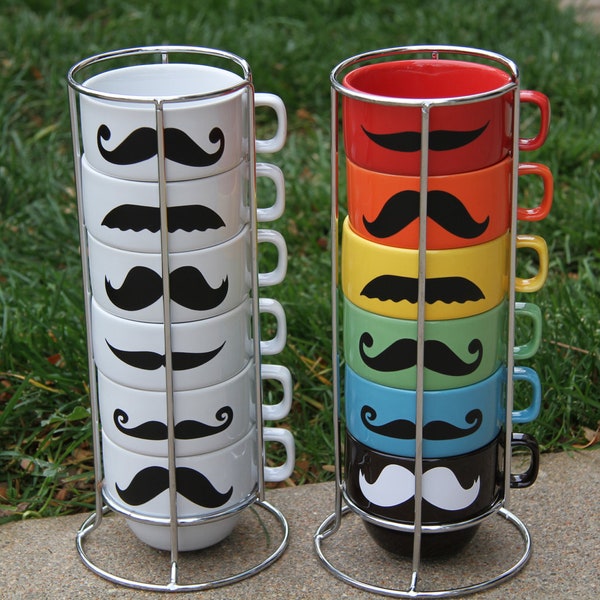 Mustache Coffee Mugs - set of 6 stackable mugs and chrome holder