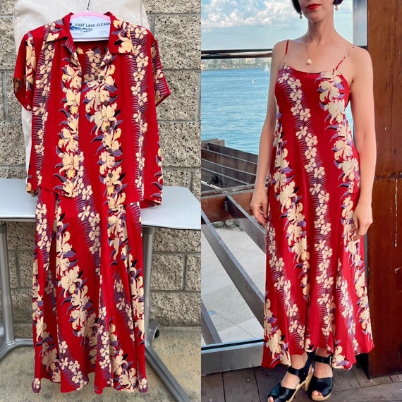 Vintage Red Silk Hawaiian Dress Co-ord - 2 pieces… - image 1