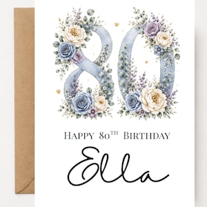 May include: A white greeting card featuring the number 80 decorated with blue, purple, and cream-colored flowers and green leaves. The text reads HAPPY 80TH BIRTHDAY and the name Ella in black script. A brown envelope is visible on the left side.