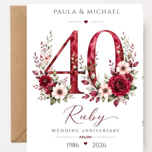 May include: A white rectangular greeting card featuring the text PAULA & MICHAEL at the top, a large red watercolor number 40 decorated with floral arrangements, the word Ruby in script, and the text WEDDING ANNIVERSARY with 1986 and 2026.