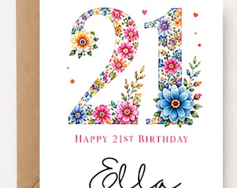 Personalized 21st Birthday Card for Her | Custom Name Floral Birthday Card | 21st Birthday Card | Twenty First Birthday | Birthday Card Girl