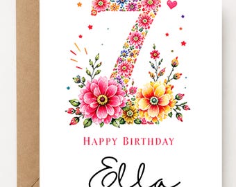 Personalized 7th Birthday Card for Girls | Custom Name Floral Birthday Card | Age Seven Birthday Card | Girl Birthday Card | 7th Birthday
