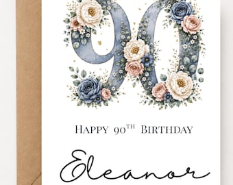 Personalized 90th Birthday Card for Her | Custom Name Floral Birthday Card | 90th Birthday Card | Nintieth Birthday | Birthday Card Woman