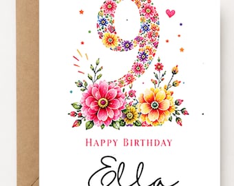 Personalized 9th Birthday Card for Girls | Custom Name Floral Birthday Card | Age Nine Birthday Card | Girl Birthday Card | 9th Birthday