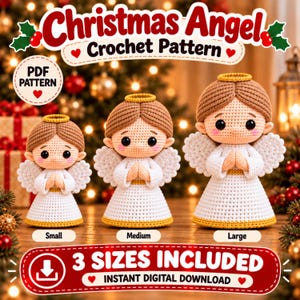 Puede incluir: Un patrón de ganchillo en PDF digital para tres muñecas ángel de Navidad en tamaños pequeño, mediano y grande. Las muñecas tienen cabello castaño claro, halos dorados, vestidos blancos con bordes dorados y alas blancas. Texto: Christmas Angel Crochet Pattern, PDF Pattern, 3 Sizes Included, Instant Digital Download.