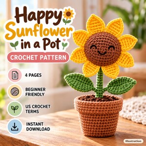 Crochet Sunflower Pattern PDF, Crochet Flower Pot, Cute Crochet Plant Pattern, Beginner Friendly