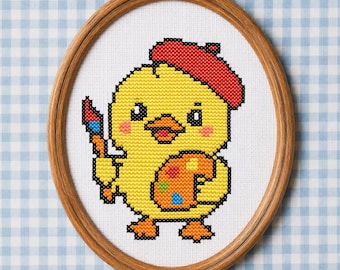 Süßes Enten Küken Künstler Kreuzstichmuster, Anfänger freundlich Malerei Küken Stickvorlage, Cute Kawaii PDF Instant Download