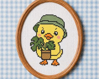 Niedliches Enten Gartenarbeit Kreuzstichmuster | Anfänger Freundliche Pflanze Monstera Stickdatei, PDF Sofort-Download
