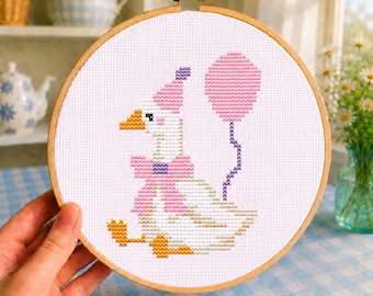 Geburtstagsgans Kreuzstichmuster, süße Gans mit Ballon Kreuzstich, Kinderzimmer Feiertag Stickerei, Feier Digitales PDF Muster