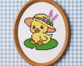 Ente mit Blumenhut Kreuzstichmuster, Entzückendes gelbes Entchen PDF, Cottagecore Stickmuster, moderne Kinderzimmer Nadelspitze