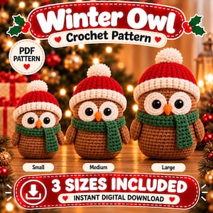 Könnte beinhalten: Eine digitale Häkelanleitung für drei Größen von braunen Eulen mit rot-weißen Mützen und grünen Schals. Der Text lautet Winter Owl Crochet Pattern, PDF Pattern, Small, Medium, Large, 3 Sizes Included, Instant Digital Download.