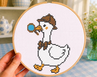 Sherlock Goose Kreuzstichmuster PDF, Detektiv Vogel Stickvorlage, einfache Anfänger Nadelspitze