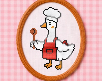 Koch Goose Kreuzstichmuster PDF, lustige lustige Küche Vogel Stickvorlage, niedliche Koch Nadelspitze für Anfänger