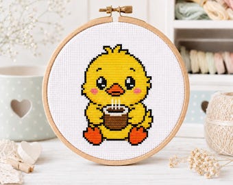 Kawaii Enten Kaffee Kreuzstichmuster, Stickmuster für Anfänger (PDF)