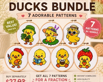 Süße Enten Kreuzstichmuster Bundle, einfache Kawaii Enten Stickerei Chart Set PDF Instant Download
