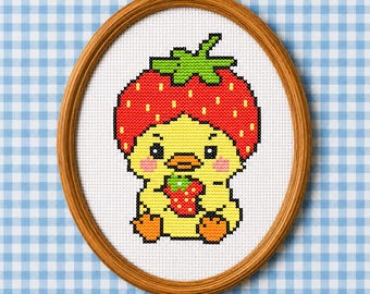 Erdbeer Ente Kreuzstichmuster PDF, süßes Baby Küken Xstitch, Obst Tier Karte, einfacher Anfänger Kreuzstich, digitaler Download