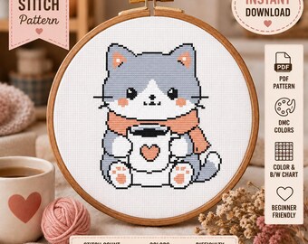 Wzór haftu krzyżykowego "Kawowy Kot" w formacie PDF, uroczy schemat haftu "Kawaii Kitty", łatwy ścieg krzyżykowy dla początkujących, natychmiastowe pobranie, kolory DMC
