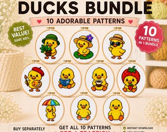 Ente Kreuzstich Muster Bundle, 10 süße Entchen PDF Pack, einfaches Kawaii Stickset für Anfänger