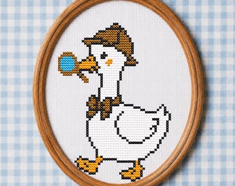 Detektiv Gans Kreuzstich Anleitung PDF, süße Vogel Stickerei, einfacher Anfänger X Stich