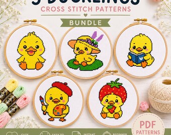 Ente Kreuzstichmuster Bundle, 5 süße Entlein PDF Pack, Kawaii Stickset für Anfänger