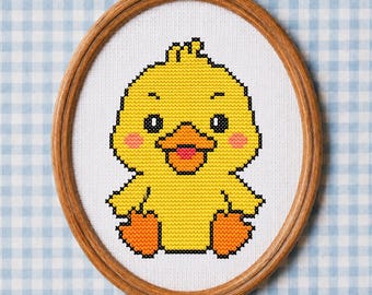 Süßes Enten Kreuzstichmuster PDF, einfacher Anfänger Kreuzstich, kleines Kawaii Enten Stickdesign, gelbe Ente Point de Croix