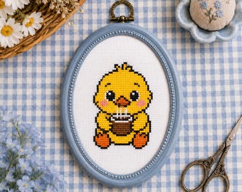 Süße Ente mit Kaffee Kreuzstichmuster PDF, anfängerfreundlich, sofortiger Download, Kawaii Enten-Stickerei-Diagramm DMC