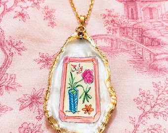 Mahjong Oyster Shell Necklace, Hand-Painted Floral Tile, Gold Leaf Trim, 18" Chain